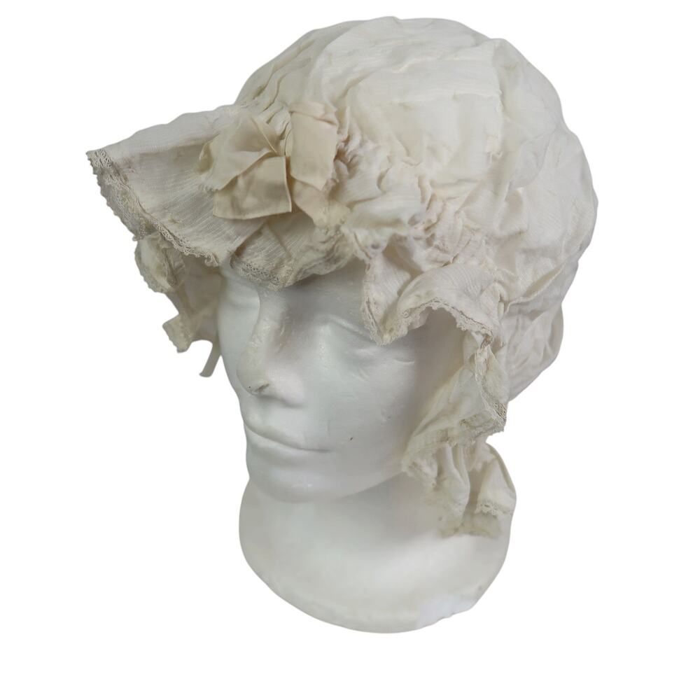 Antique Vintage Cream Bonnet Hat Frilly Rime Light Cotton